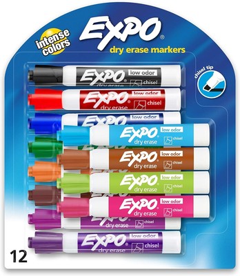 EXPO Low Odor Dry Erase Markers, Chisel Tip, Assorted 12 Count