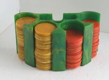 Bakelite/Catalin Marbled Green Holder for Poker Chips and Cards   94 Poker Chips