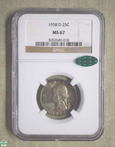 1958-D WASHINGTON QUARTER - NGC CERTIFIED - MS 67 - CAC - AWESOME COLOR!