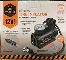 NEW Compact 12V Tire Inflator   Accurate Pressure Gauge  Adapter Set 