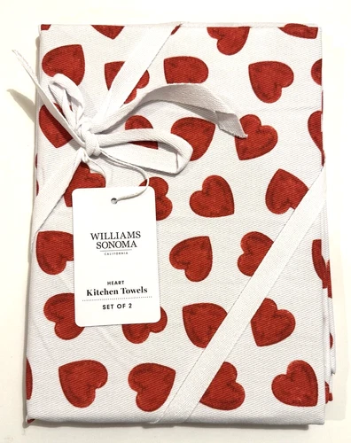 William Sonoma Red Heart Kitchen Towels Set of 2 New Valentine Love Red Decor