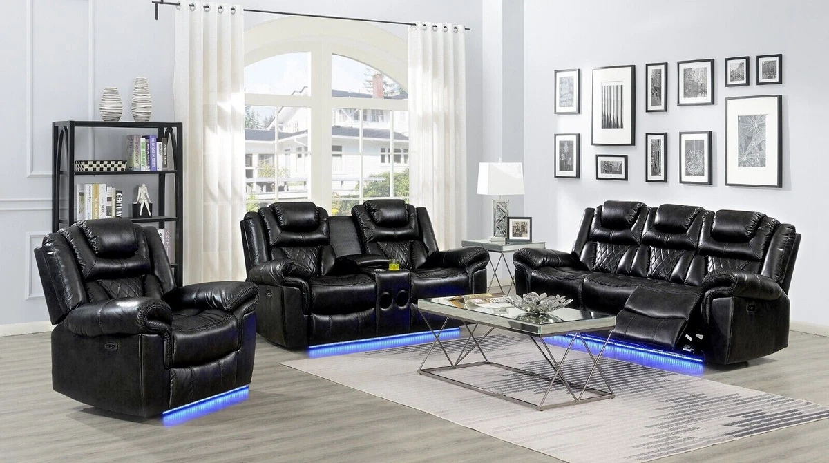 New Led 3pc Sofa Power Recliner Set