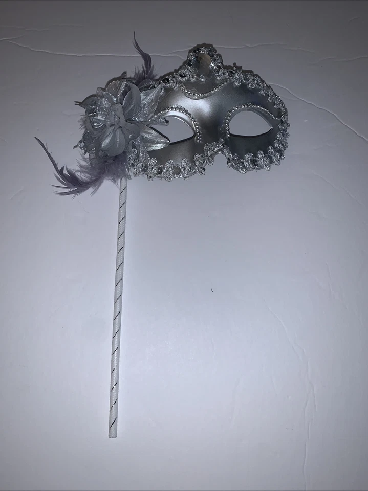 Masquerade Eye Mask Silver Feathers Flower Sequins Stick Mardi Gras Halloween ￼ - Image 3 of 4