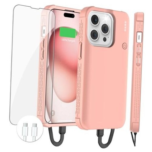 Fast Charging Battery Case for iPhone 15 Pro Max/15 Plus, 8000mAh 15W Pink