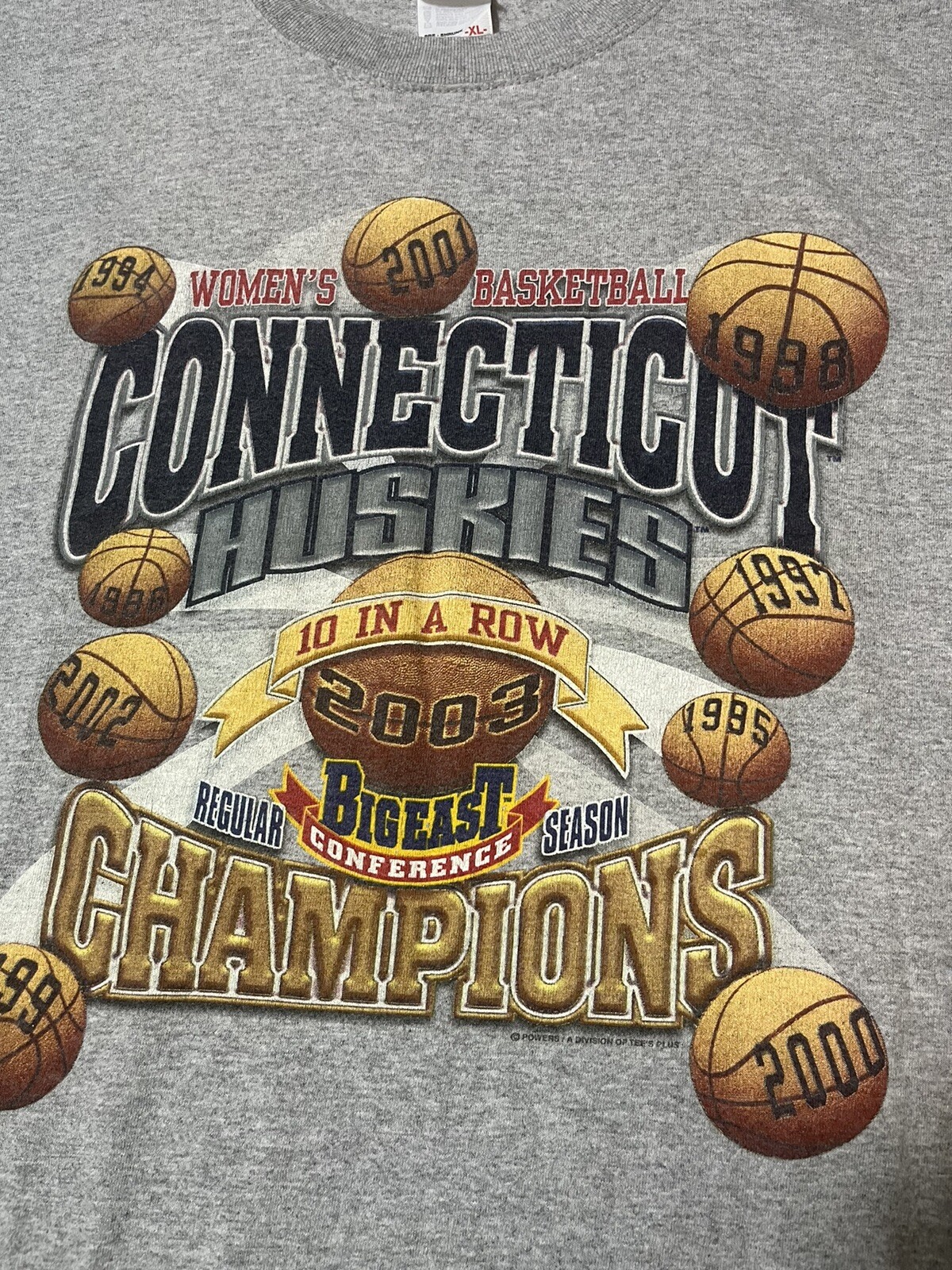 FILA 1994 2003 UCONN CONCTICUT HUSKIES T shirt donna BIG EAST 10 in a Row (XL).