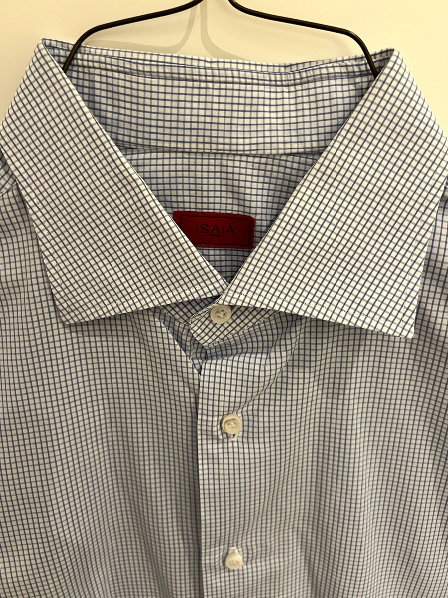 ISAIA Mens Blue/White Checkered Spread Collar Business Dress Shirt 17.5 x 44 View 2