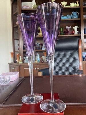 Waterford Crystal Eclipse Amethyst Smoke Champaign Flutes - Pair - 11  - Signed