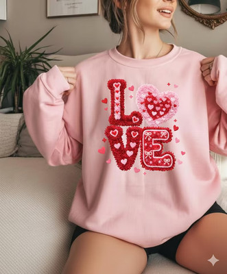 Faux Yarn LOVE Printed Heart Sweatshirt, Love Knitted Print Pullover