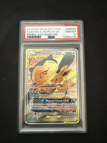 2019 POKEMON SM TAG TEAM TINS #SM169 FULL ART/EEVEE & SNORLAX GX PSA 10