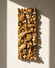 Haut relief chinois bois sculpté doré oiseaux fleurs panneau mural art asiatique