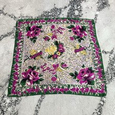 Vintage 100 Silk Floral Square Scarf Pink Green Rose Butterfly Hand Rolled