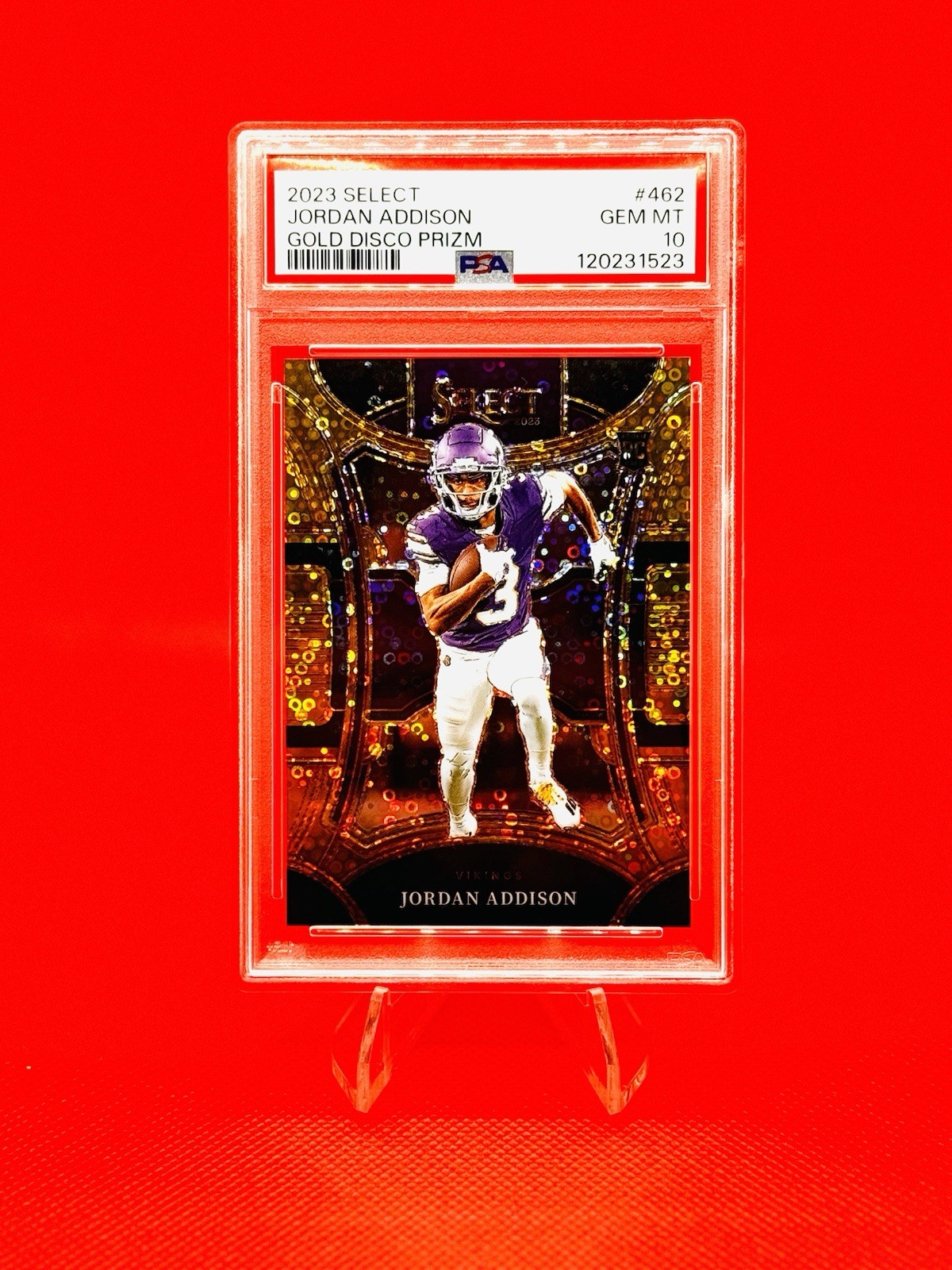 2023 Panini Select Suite Level Jordan Addison #462 Gold Disco Prizm /10 (RC)