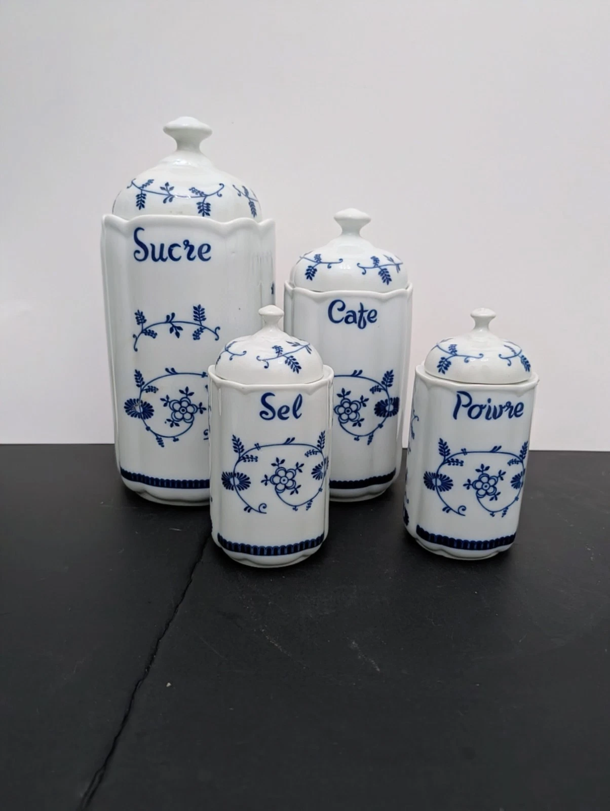 French Blue & White Canister set 4 WNV Blue Onion Style Sucre Cafe Sel Poivre