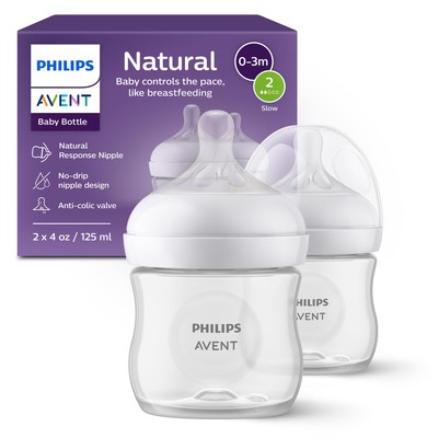 Philips Avent Natural Baby Bottle 2 Pack Slow Flow Anti Colic 4oz Bottles
