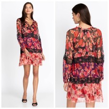 Johnny Was Jade Natasha Mini Dress Silk Floral Lace Boho Sheer Long Sleeve S