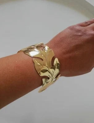 Bracelet Manchette Ouverte Feuille Dorée Acier - Bijoux des Lys - Photo 1/4