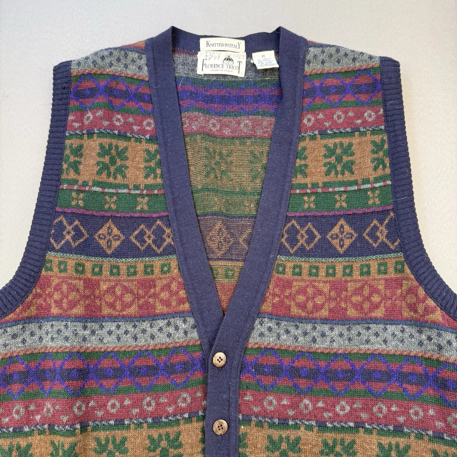 Florence Tricot Knit Vest V-Neck Buttons Italy Navy/Burgundy/Green Size M VTG