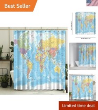 World Map Shower Curtain with Major Cities, Funny Kids Education Bathroom Set...