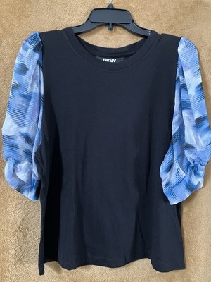 Women's DKNY Top With Printed Puff Short Sleeves Size Large NWT