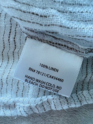 Eileen Fisher M White Tan Striped Gauze Popover Top 100% Linen Roll Tab Sleeve - Picture 9 of 15