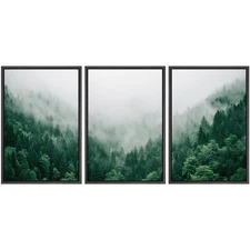 Framed Canvas Print Wall Art Set Fog & Mist Mountain Forest Valley Nature Wil...