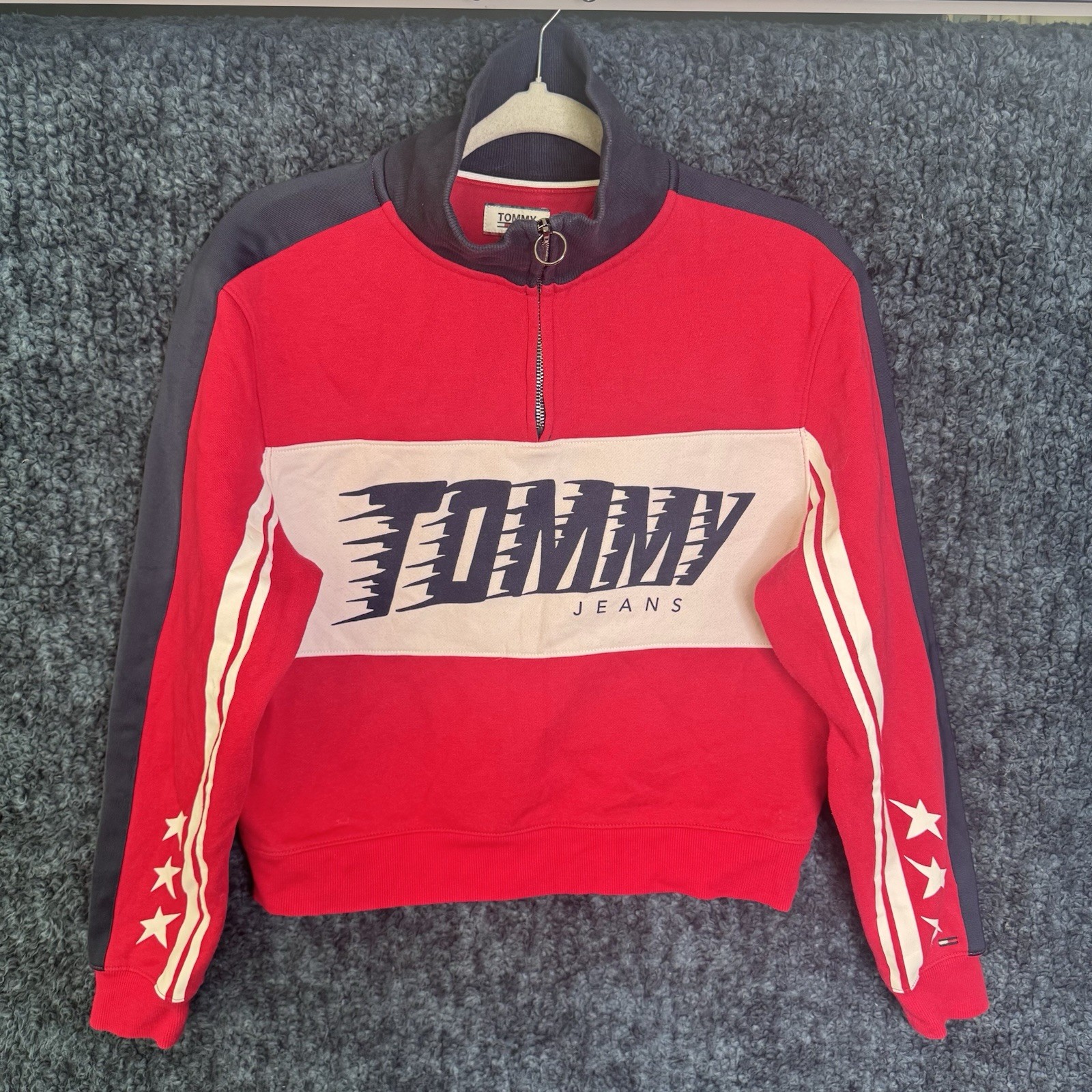 Tommy Jeans Women's Red 1/4 Zip Crop Sweatshirt Star Sleeve Pullover Size S