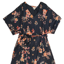 JJill Floral Button Midi Belted Dress Size 3X Navy Blue Pink Knit VNeck Pockets