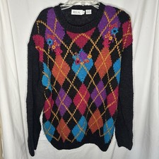 Vintage Women  s R.G.A. Large Knit Black Pink Multicolor Argyle Floral Sweater