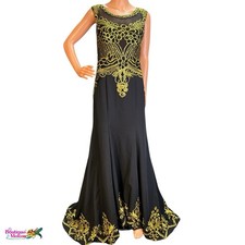 Black Gold Embroidered Evening Gown Formal Dress Sheer Bodice Sleeveless