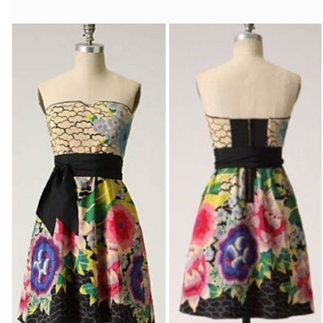 Moulinette Soeurs Floral Strapless Silk Dress Size 10 Black Waist Tie