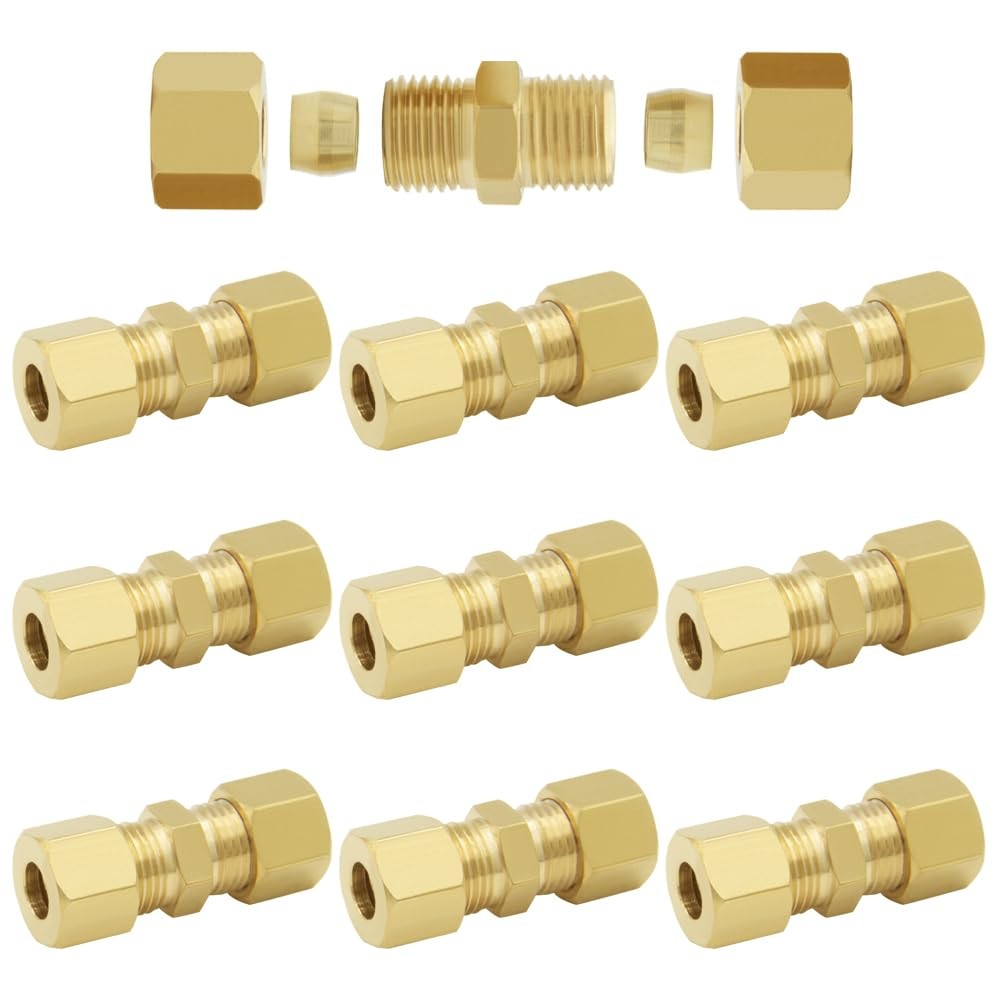 10PCS Brass Compression Fitting 1/4" Tube OD X 1/4" OD Union Connector Straight