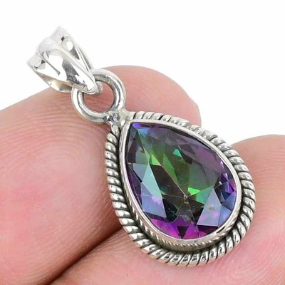 Regenbogen Mystic Topas Edelstein Mutter Handarbeit Neu Anhänger 925 massiv Silber