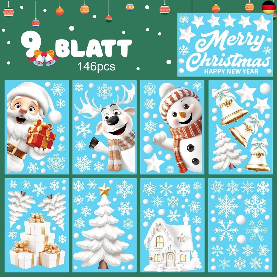 Weihnachts-Fensterbilder Selbstklebend – 9 Blätter, 146 Motive, Statisch Haftend, Wiederverwendbar, Für Glas & Glatte Flächen