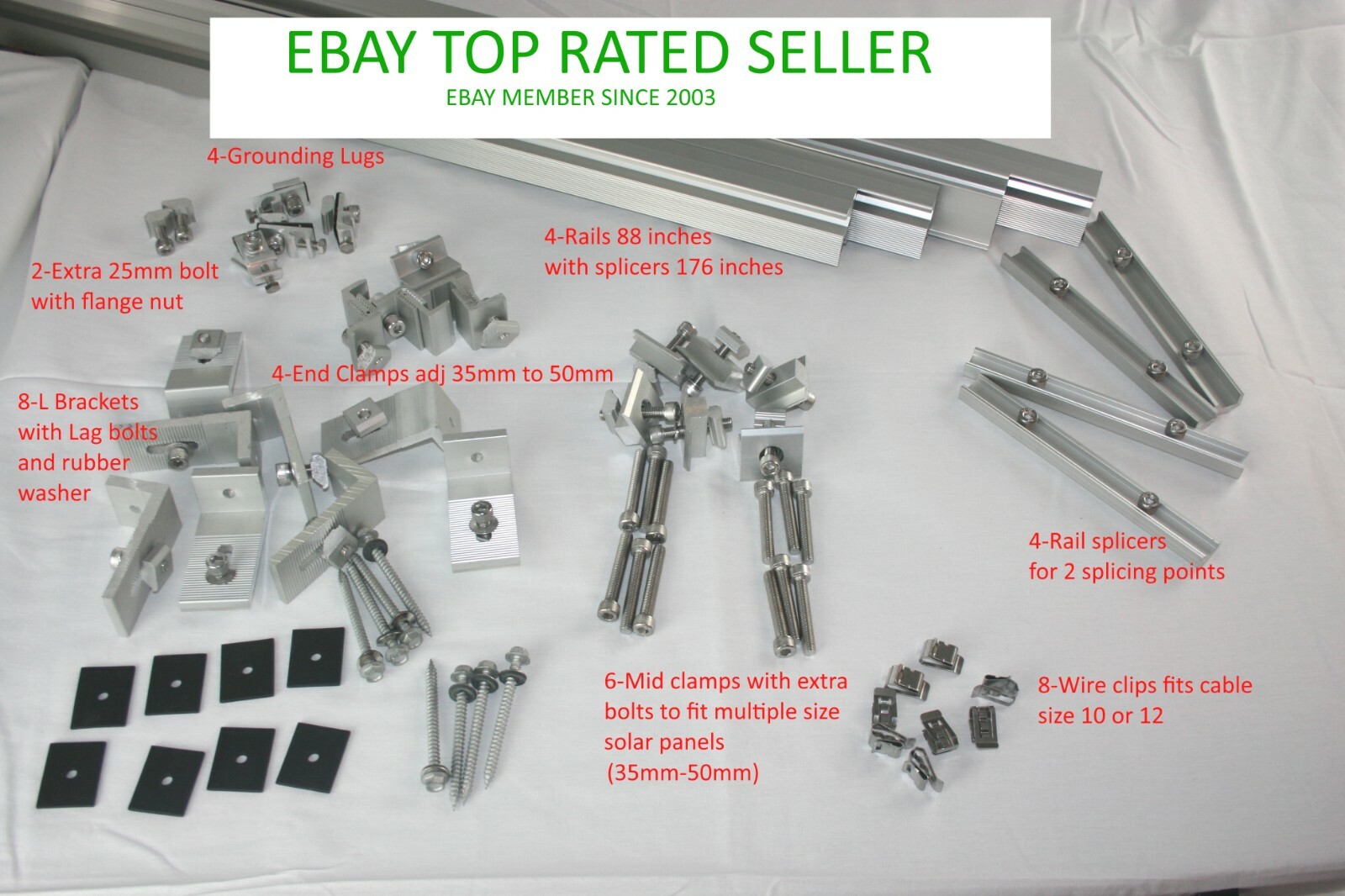 Solar Rail kit for 3 panels w/ clamps, L brackets w/7.3ft rails(not 3.6ft rails)