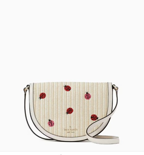 Kate Spade Luna Crescent Crossbody Straw Crossbody Embroidered Ladybugs - Picture 2 of 12