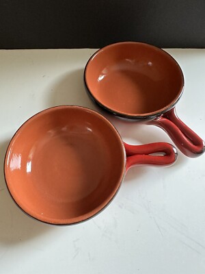 2 De Silva Terracotta Soup Bowls Baking Oven Dish with Handle Made in Italy Red