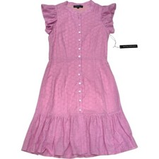 Central Park West Eyelet Dress Ruffle Sleeve Button Front Pink S