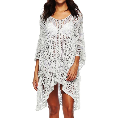 Women Net Swimsuit Cover Up Sheer Crochet Knitted See Through V Neck Beach Dress - Picture 2 of 40