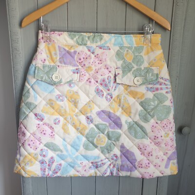 Neon Rose Floral Short Skirt Sz M Lemon Green Lightly Quilted