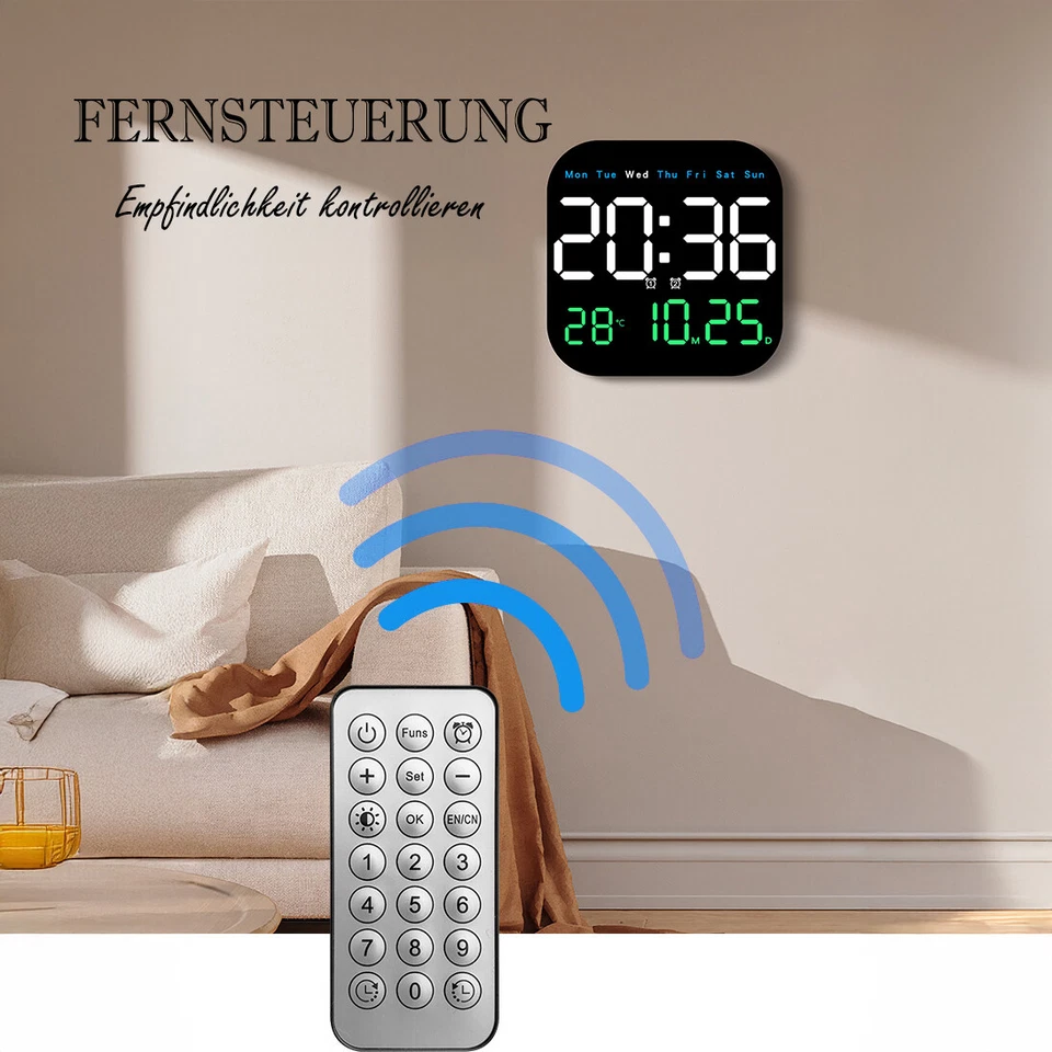 Große Wanduhr Digitaluhr Temperatur Datum Woche LED Anzeige mit Fernbedienung DE - Bild 3 von 4