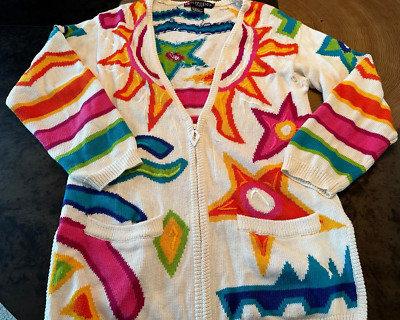 VTG 1992 IB DIFFUSION SPORT ABSTRACT COLORFUL CARDIGAN SWEATER WOMENS M