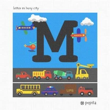 Letter M Busy City Needlepoint Kit or Canvas