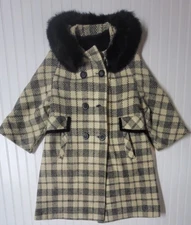 VTG 1960 Betty Rose Lined Quarter Sleeve Wool Plaid Coat Womens XL Fur Collar
