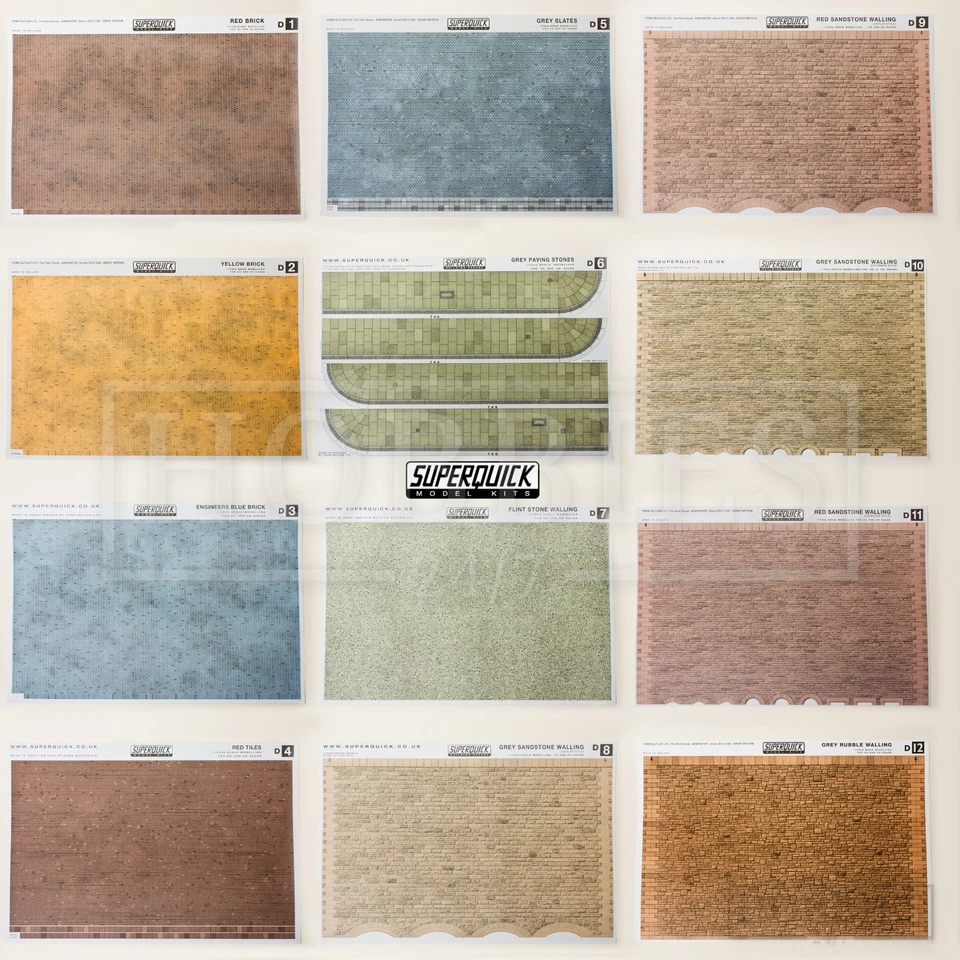 Superquick Building Paper OO Gauge 1/72 6 Sheets Tiles Slates Stone Brick Walls