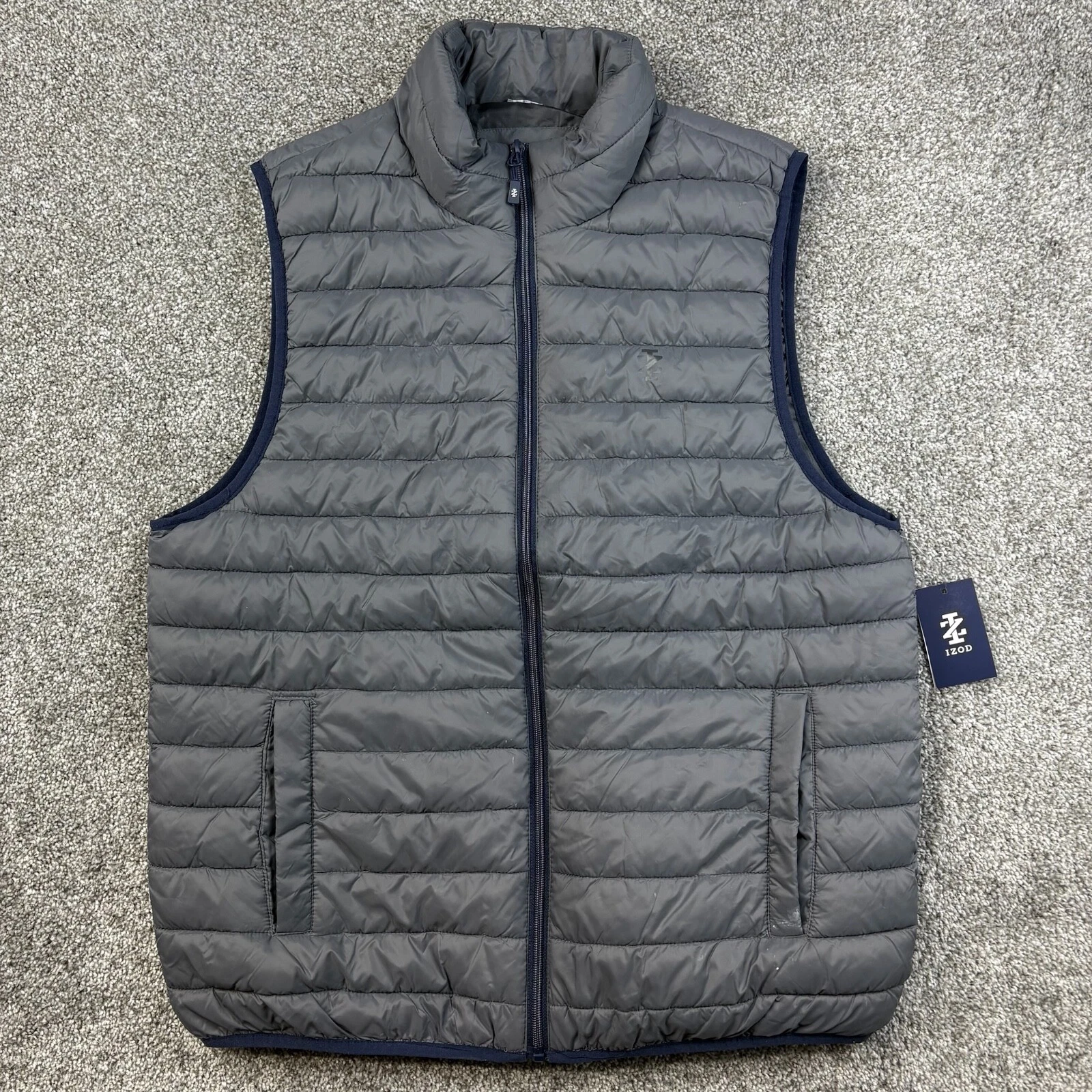 IZOD Puffer Vest Mens Medium Gray Jacket Advantage Performance Blue Full Zip NWT