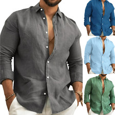Button-Up Shirt Mens Long Sleeve Cotton Linen T-shirt Casual Summer Beach new