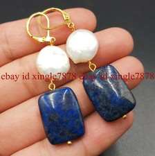 Real 12-13mm White Baroque Coin Pearl  13x18mm Rectangle Lazuli Lazuli Earrings