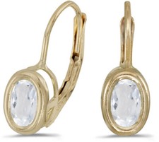 14k Yellow Gold Oval White Topaz Bezel Lever-back Earrings