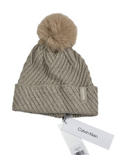 Calvin Klein Women's Lined Beige Knit Beanie With Faux Fur Pom Pom NWT