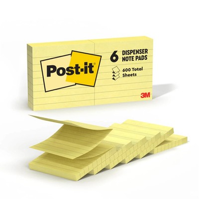 Post-it Pop Up Notes, 3 x 3, 6 P, 100 S/P, Clean Removal, Canary Yellow, Lined